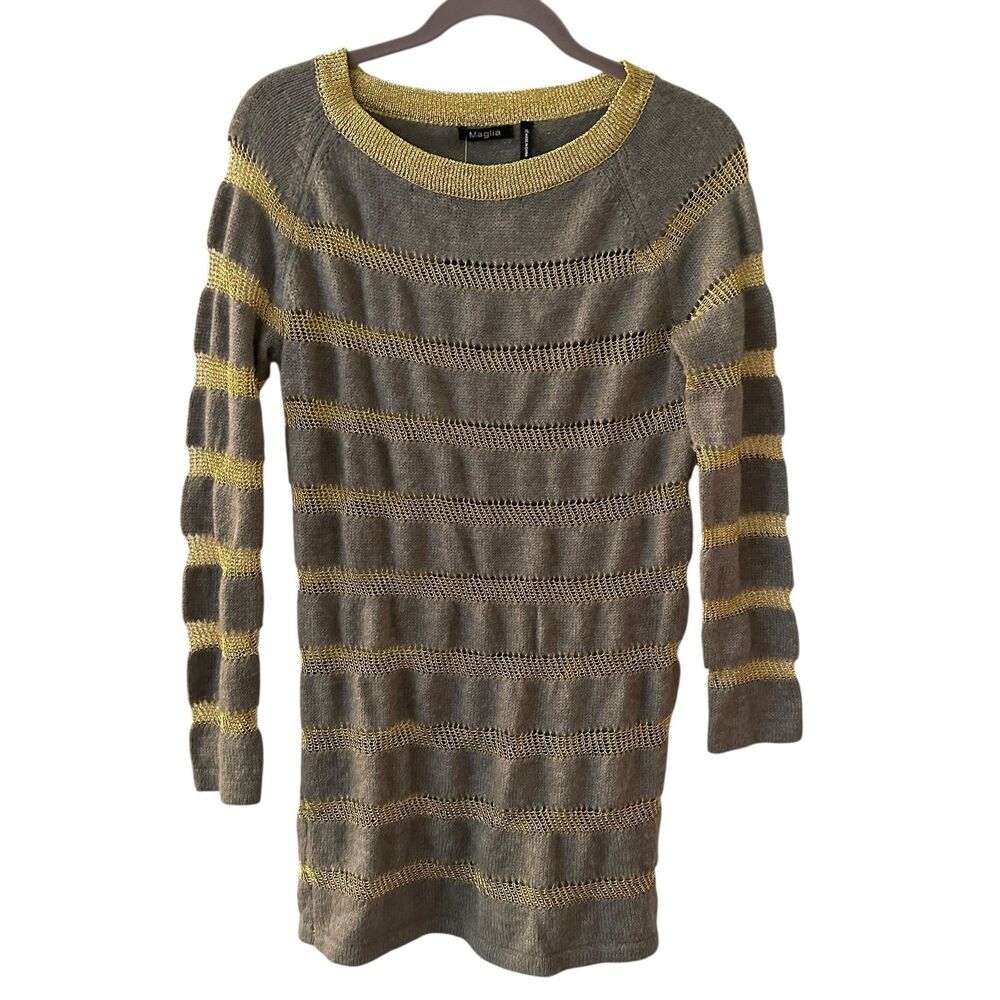 Maglia Grey and Gold Striped Wool and Cashmere Long Sleeve Mini Sweater Dress XL